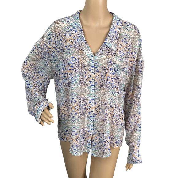 Free People Easy Rider Sheer Geometric Button Down Top SZ M - Picture 2 of 9